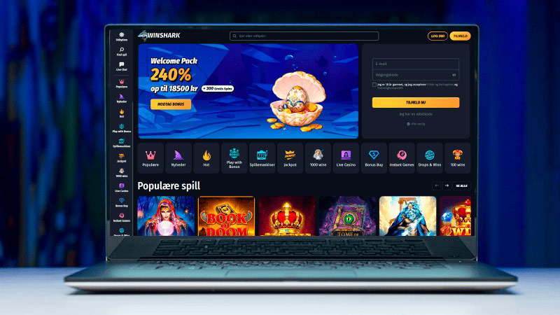 Forsiden af Winshark Casino vist på en bærbar computer